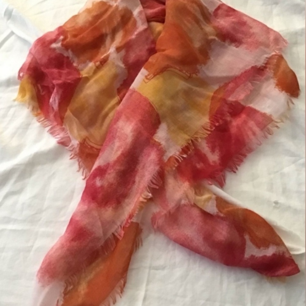 Coach New York Watercolor Floral Scarf Wrap Red Orange Pink with Box
